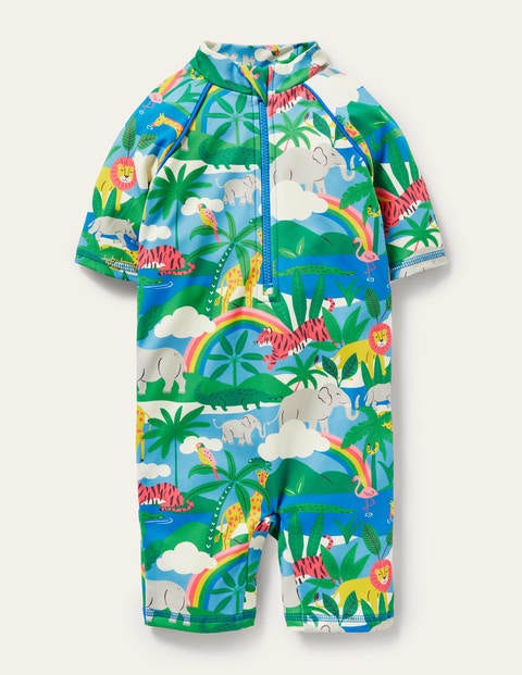Sonnensicherer Surfanzug mit Muster - Naturweiß/Surfbrett-Blau, Regenbogen/Dschungel