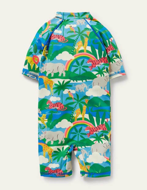 Sonnensicherer Surfanzug mit Muster - Naturweiß/Surfbrett-Blau, Regenbogen/Dschungel