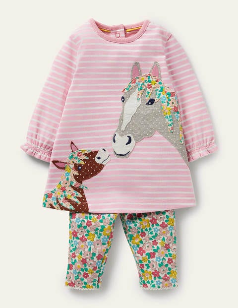 Set aus Jersey-Kleid und Leggings - Delfinrosa, Frühlingsblumen/Pferde Set aus Jersey-Kleid und Leggings - Delfinrosa, Frühlingsblumen/Pferde