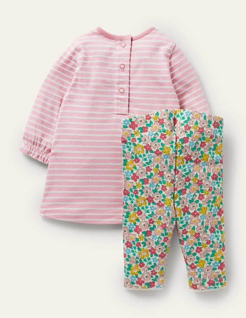 Set aus Jersey-Kleid und Leggings - Delfinrosa, Frühlingsblumen/Pferde Set aus Jersey-Kleid und Leggings - Delfinrosa, Frühlingsblumen/Pferde