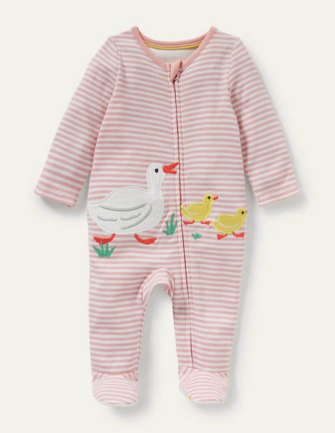 Schlafanzug aus GOTS-Biobaumwolle mit Reißverschluss - Naturweiß/Delfinrosa, Enten