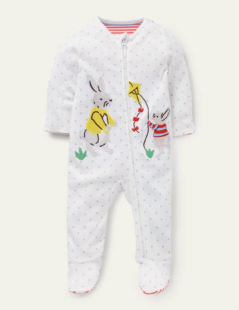 Schlafanzug aus GOTS-Biobaumwolle mit Reißverschluss - Surfbrett-Blau, Sterne/Häschen