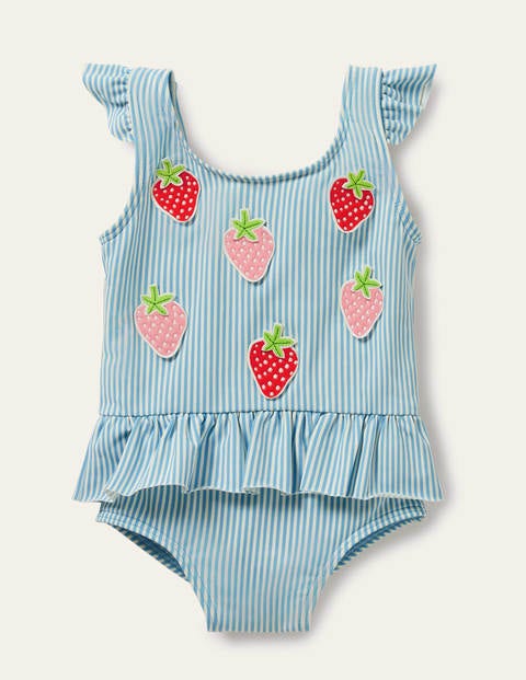 Blue Stripe Strawberry Frill Waist Swimsuit - Blue/Ivory Strawberries