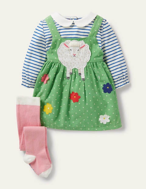 Ensemble 3 pièces avec robe chasuble - Mouton petits pois vert iguane Ensemble 3 pièces avec robe chasuble - Mouton petits pois vert iguane
