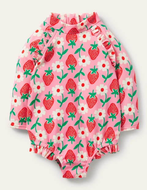 Long Sleeve Frilly Swimsuit - Pink Lemonade Strawberry Stamp