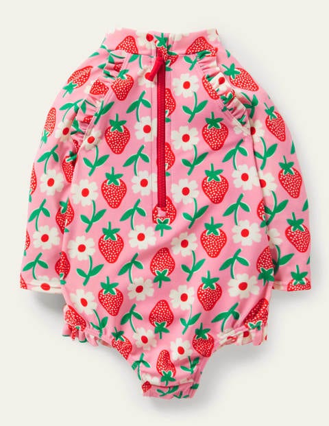 Long Sleeve Frilly Swimsuit - Pink Lemonade Strawberry Stamp