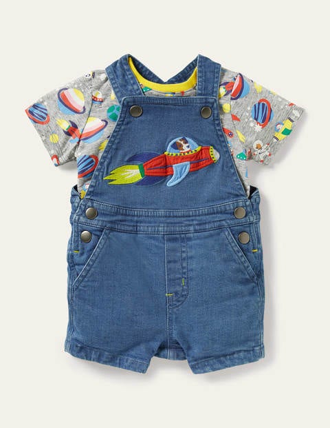 Appliqué Dungaree Set - Mid Chambray Space