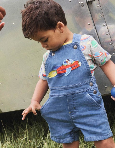 Appliqué Dungaree Set - Mid Chambray Space