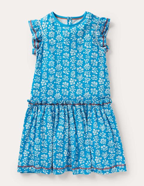Frill Detail Jersey Dress - Bahama Blue/ Ivory Woodblock