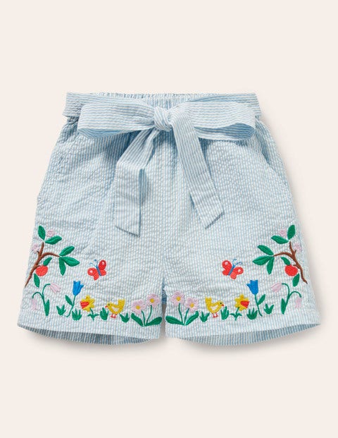 Embroidered Tie-waist Shorts - Bright Bluebell Ticking