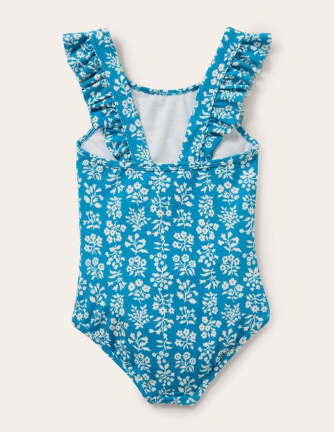 Frilly Strap Swimsuit - Bahama Blue Woodblock
