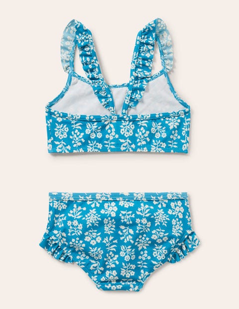 Bikiniset mit Rüschenträgern - Bahamasblau, Holzschnittmuster