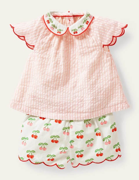 Woven Top and Short Set - Ivory/Boto Pink Ticking Cherry