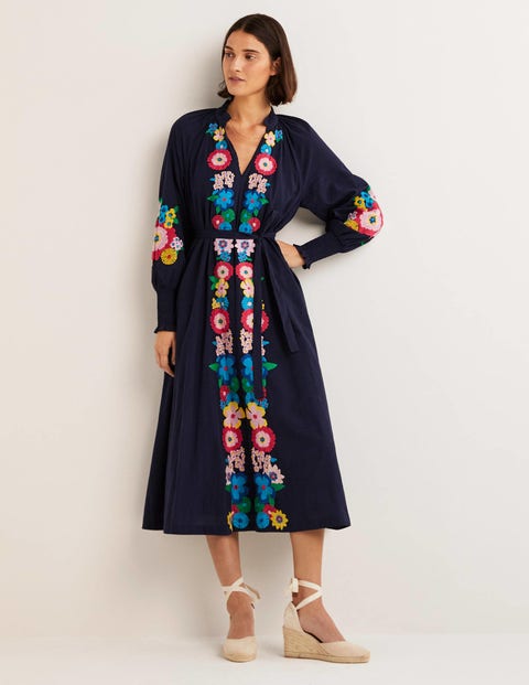 Embroidered Cotton Maxi Dress - Navy