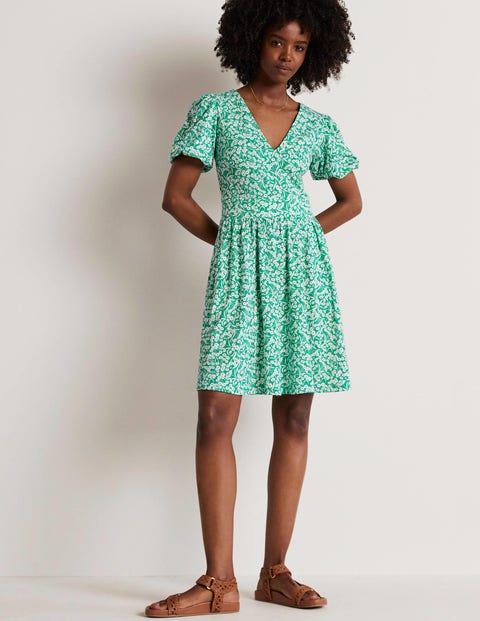 Back Detail Jersey Mini Dress - Emerald, Floret Bud | Boden UK