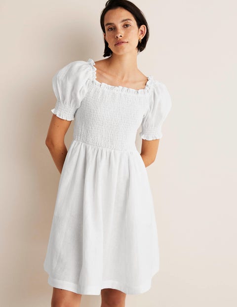 Smocked Bodice Mini Dress - White