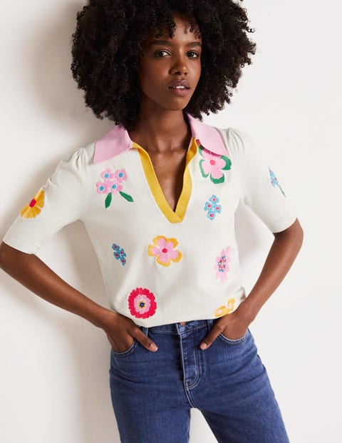 Besticktes Shirt mit Kontrastkragen - Naturweiß/Bunt, Blumen