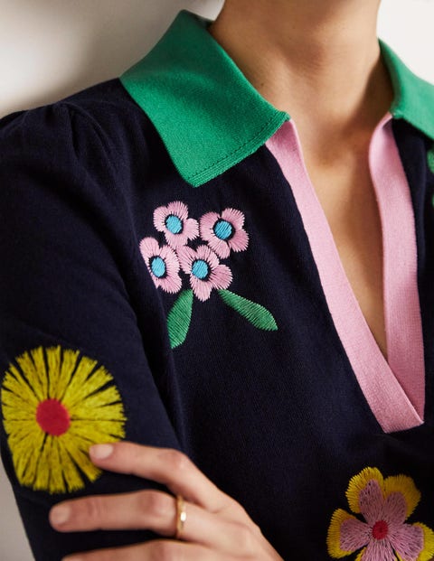 Embroidered Pop Collar Sweater - Navy, Multi Flowers