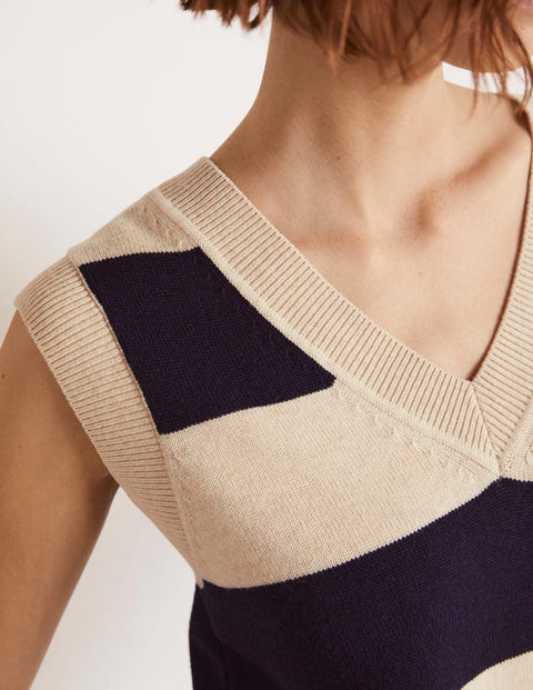 V-neck Knitted Sweater Vest - Navy/Oatmeal Melange Stripe