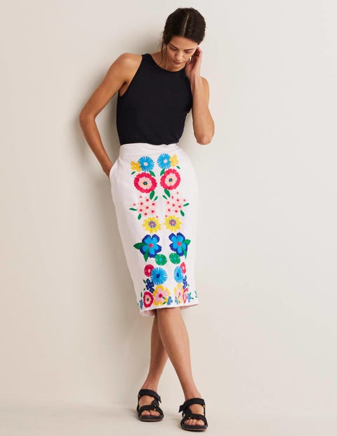 Embroidered Linen Pencil Skirt