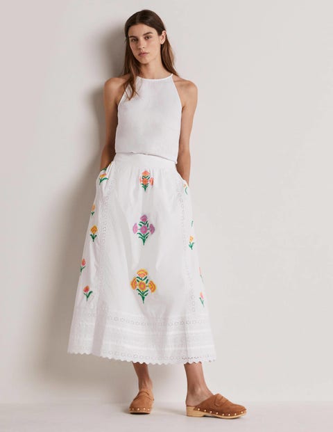 Embroidered Full Midi Skirt - White, Embroidered