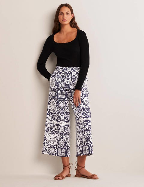 Jersey Wide Leg Culottes - French Navy, Ornate Garden