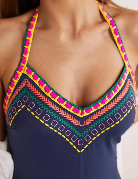 V-neck Crochet Detail Swimsuit - French Navy