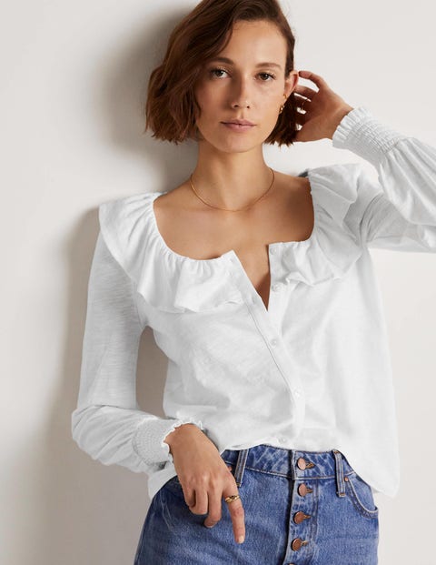 Scoop Frill Neck Jersey Top - White