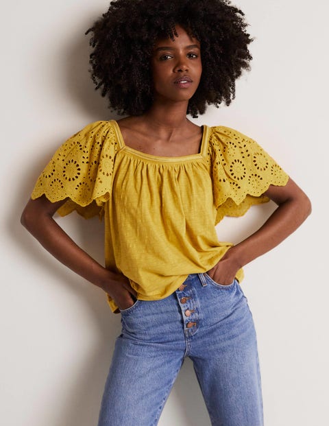 Square Neck Woven Sleeve Top - Olive Oil Yellow