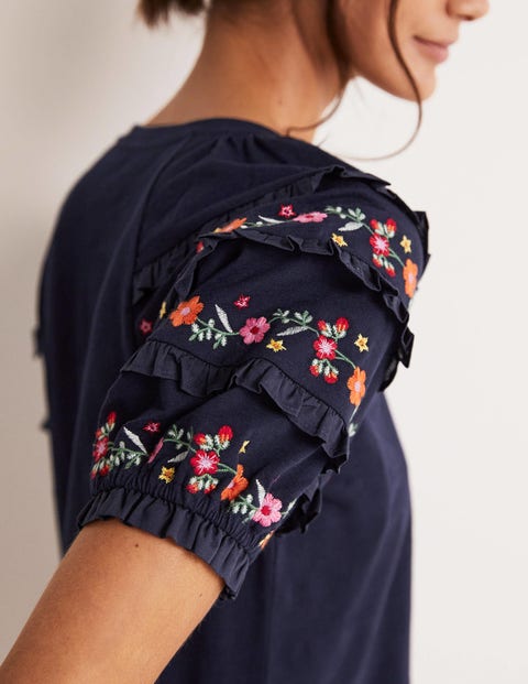 Embroidered Sleeve Jersey Top - Navy
