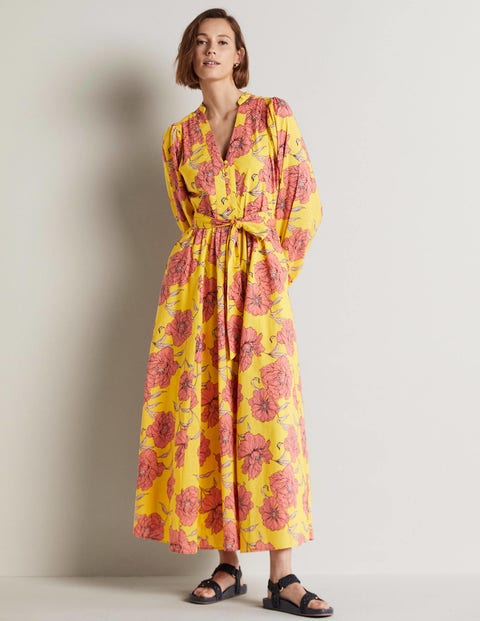 Baumwoll-Maxikleid mit gekerbtem Ausschnitt - Rauchgelb, Pfingstrosen |  Boden DE