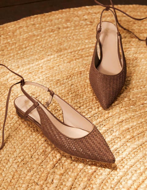 Ankle Tie Pointed Flats - Tan Woven