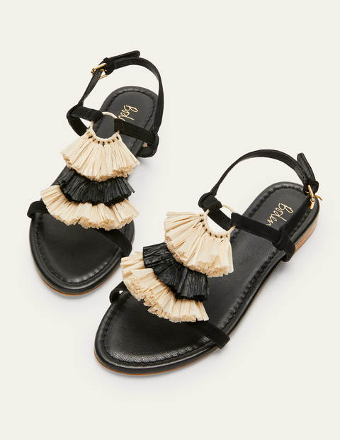 Sarah Fringe Flat Sandals - Black