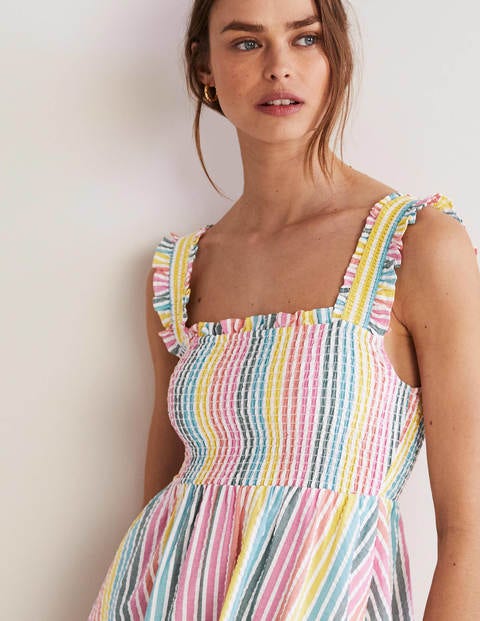 Smock Detail Stripe Midi Dress - Rainbow Seersucker