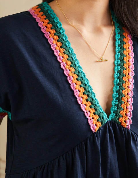 Crochet Trim Jersey Dress - Navy