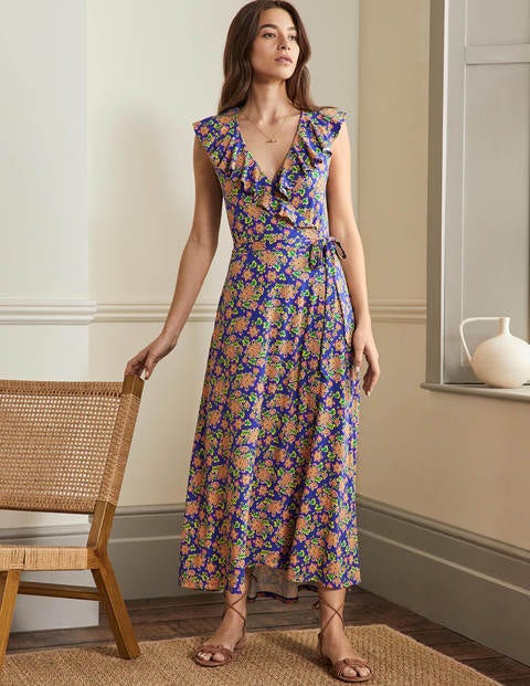 Saskia Wrap Jersey Maxi Dress - Atlantic Ocean, Wild Blooms