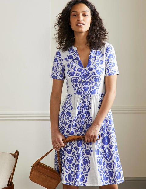 Easy Notch Neck Jersey Dress - Bluebell, Passion Bloom