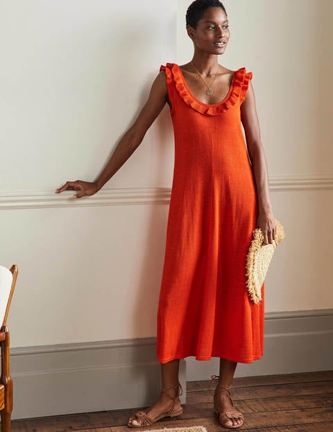 Frill Neck Knitted Midi Dress - Bright Papaya