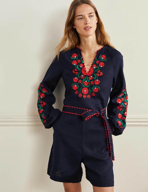 Embroidered Linen Playsuit - Navy, Passion Bloom