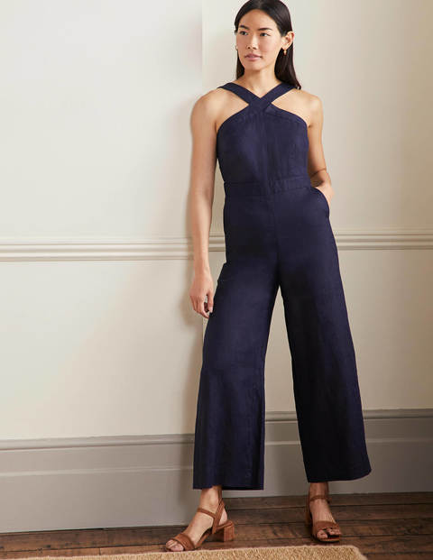 Cross Over Linen Jumpsuit - Navy | Boden AU