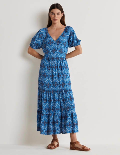 V-Neck Midi Dress - Mosaic Blue, Poppy 