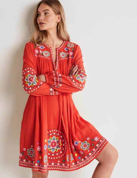 Embroidered Cotton Dress - Bright Papaya
