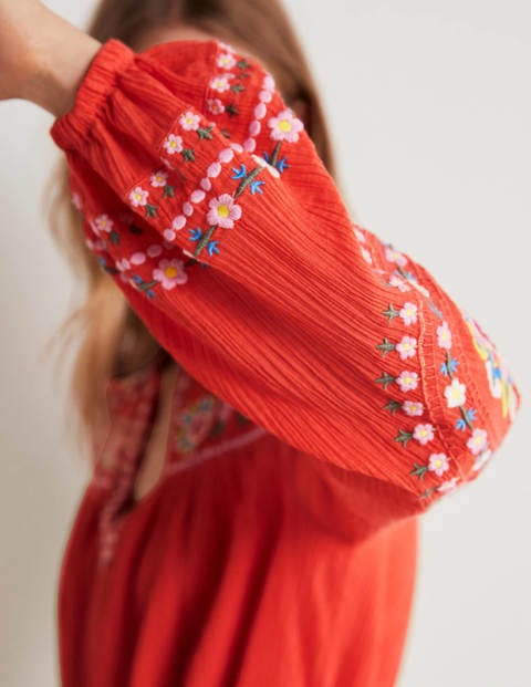 Embroidered Cotton Dress - Bright Papaya