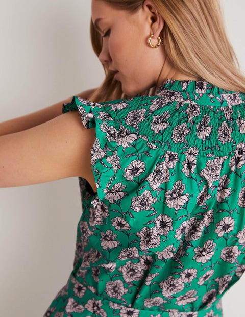 Jane Smocked Midi Shirt Dress - Emerald, Peony Bloom