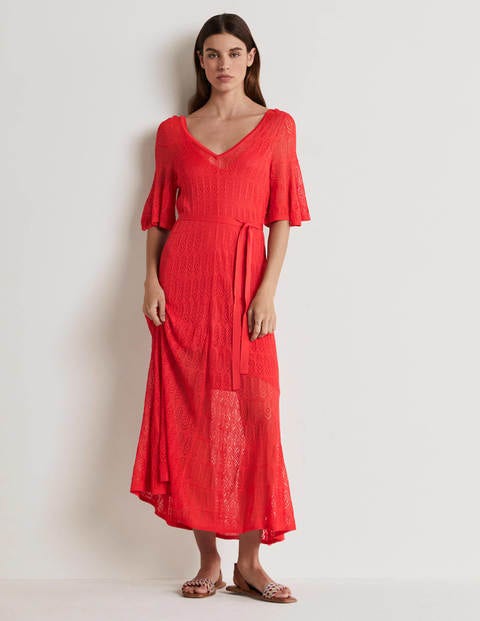 Pointelle Knitted Midi Dress - Aurora Red