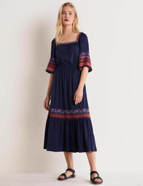 Jersey Embroidered Midi Dress - Navy