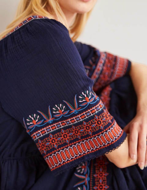 Jersey Embroidered Midi Dress - Navy