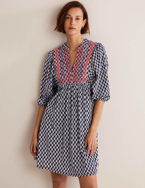 Embroidered Jersey Dress - Navy, Woodblock Bloom