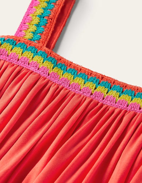 Crochet Trim Jersey Maxi Dress - Hot Coral