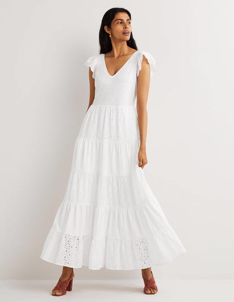 Broderie Mix Jersey Maxi Dress - White